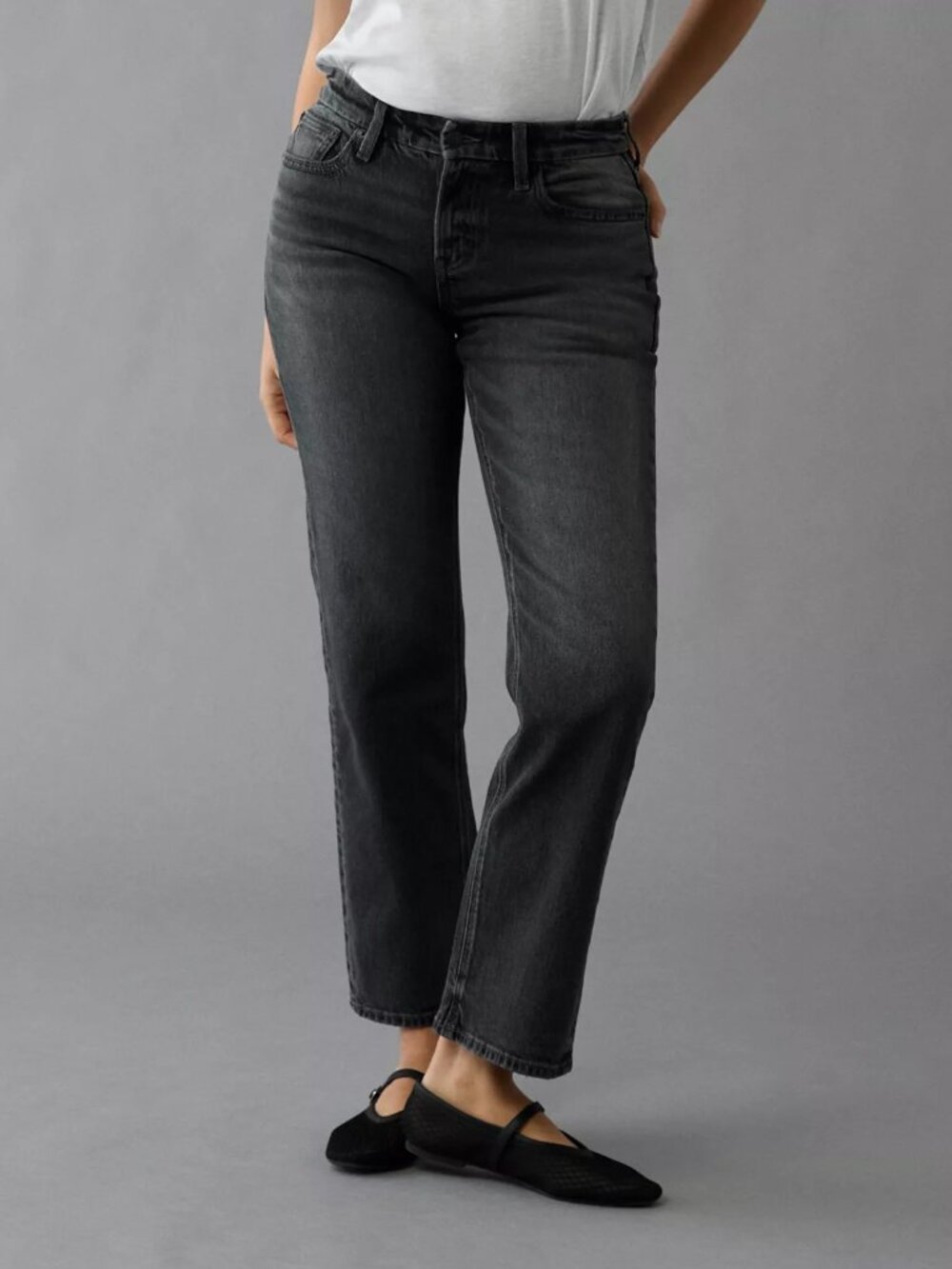 AE AMERICAN EAGLE Stretch High Rise Curvy Straight Black Jeans - Sz 18 - NEW NW